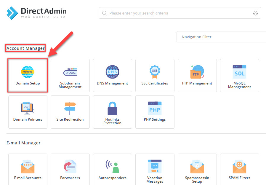 Enter the Domain Setup area