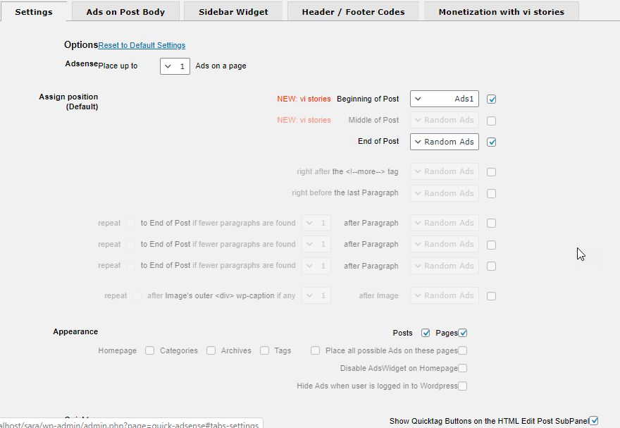 Quick Adsense plugin settings