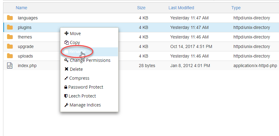 Rename the WordPress plugins folder