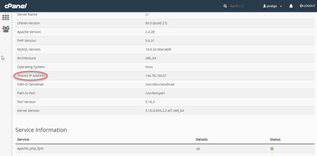 View the IP of the site through CPanel