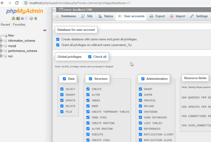 Necessary permissions for MySQL user