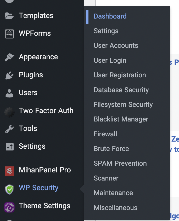 All in one WP Security plugin settings