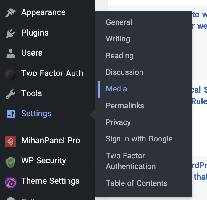 Enter the settings, WordPress media section