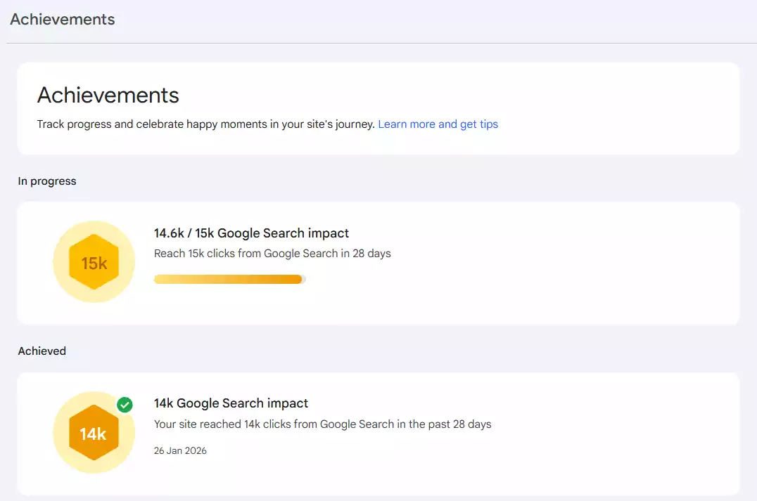 Achievements  in search console