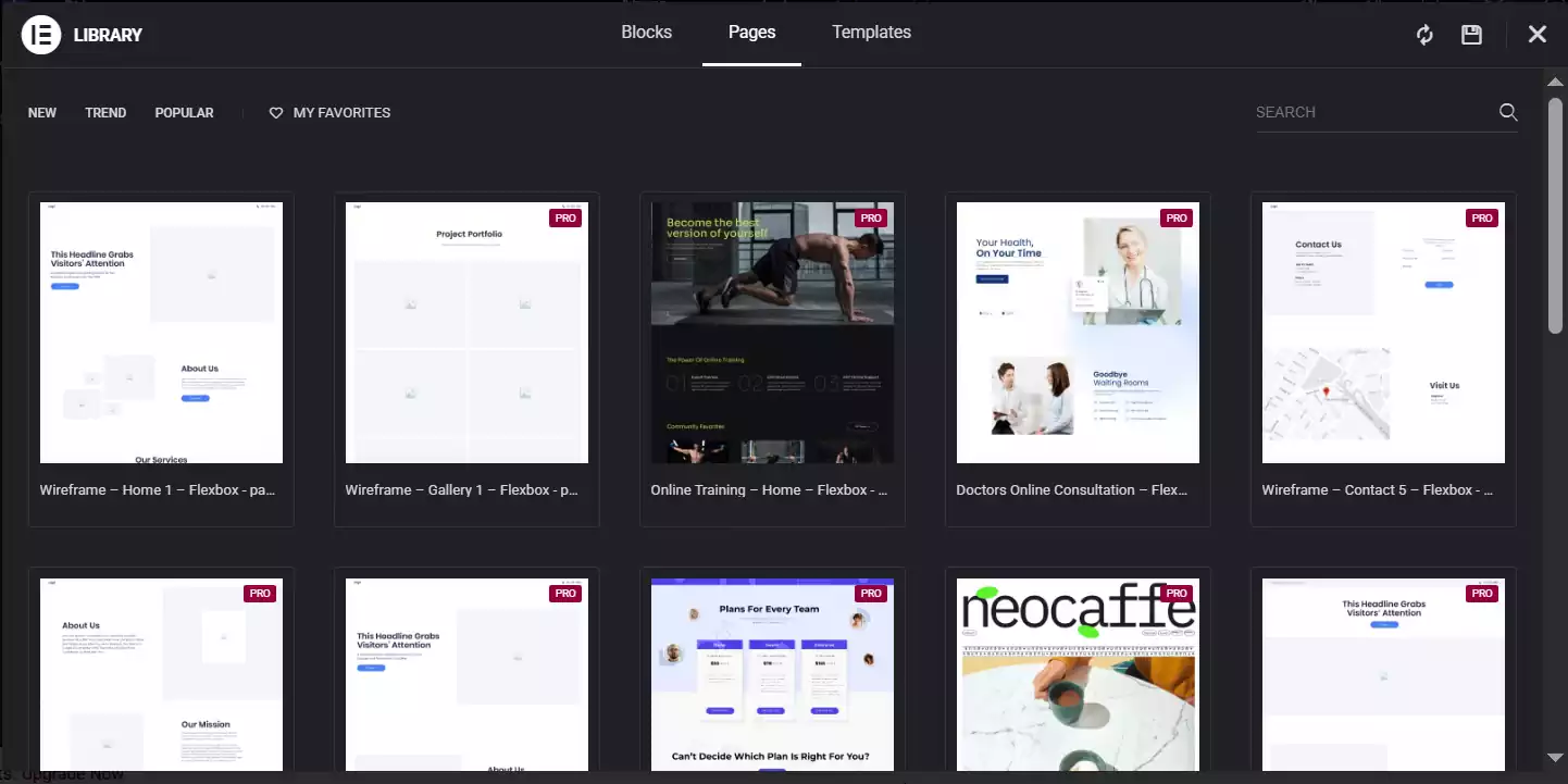 Pre-built pages in elementor library