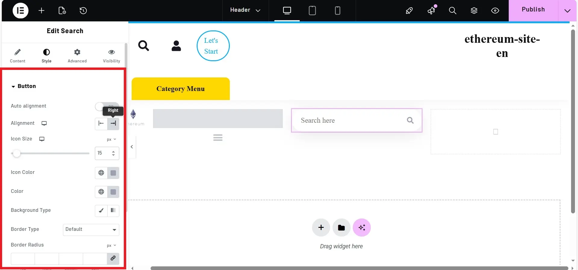 Part 1: Designing the Ethereum Website Header with Elementor 15 Edit search field