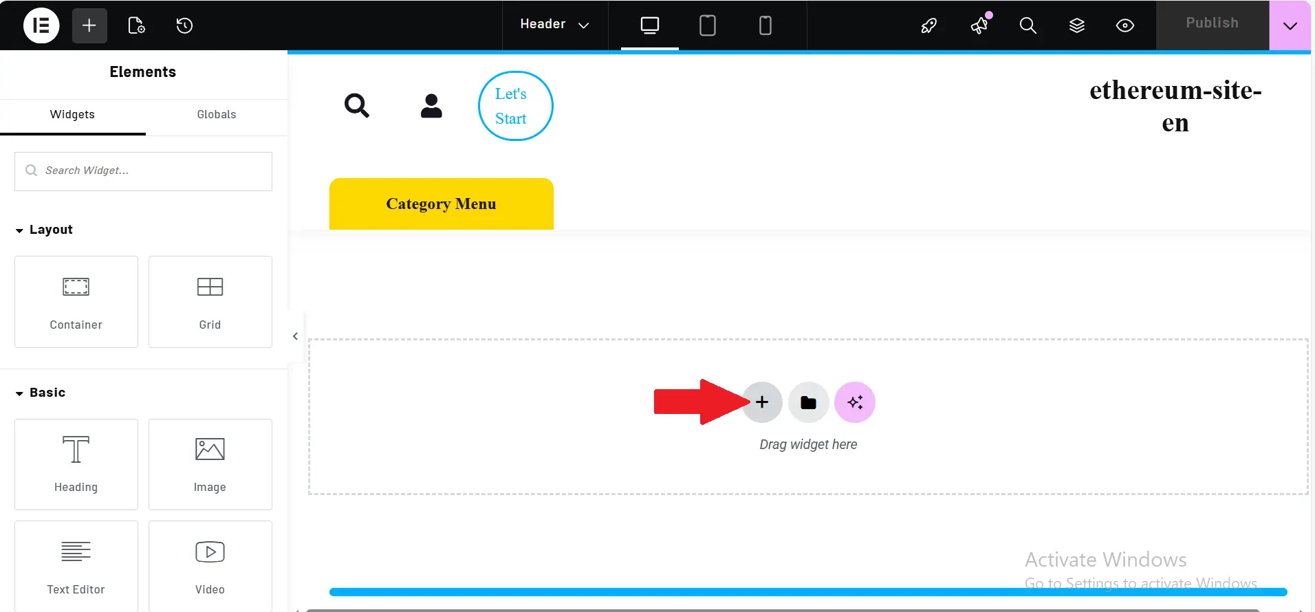 Part 1: Designing the Ethereum Website Header with Elementor 7 Add new section