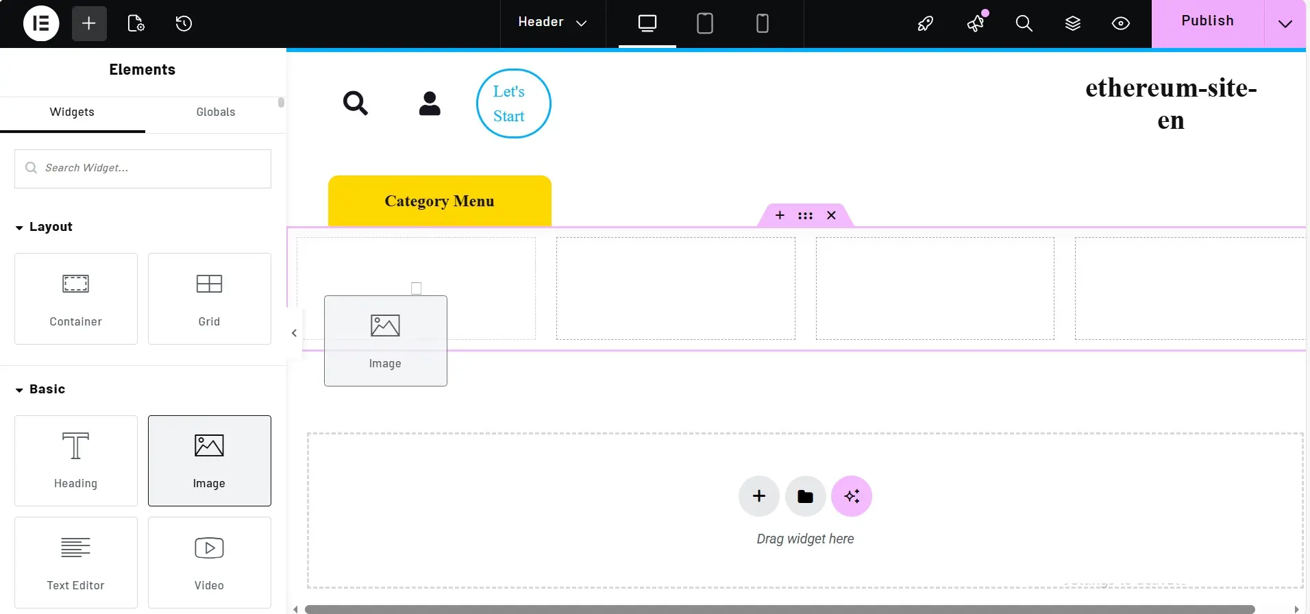 Part 1: Designing the Ethereum Website Header with Elementor 11 Add an Image widget