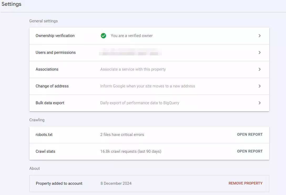 Search Console settings