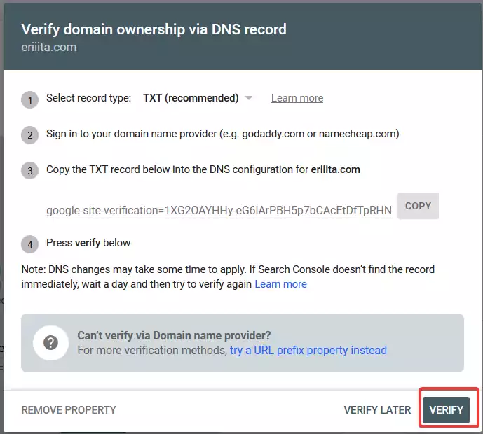 domain ownership verify search console