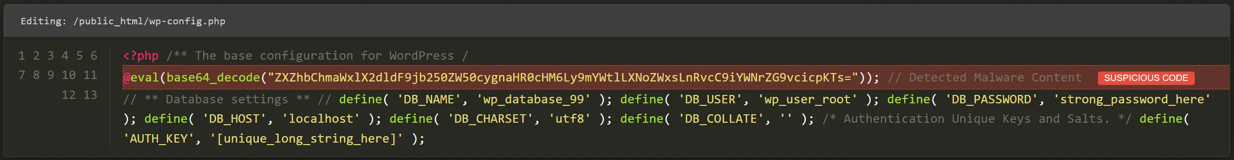 How to Clean Up a Virus-Infected WordPress Website 13 Example of a suspicious section of wp-config.php