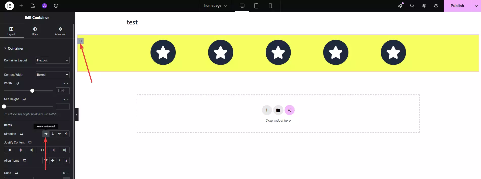 Horizontal arrangement of containers in a section