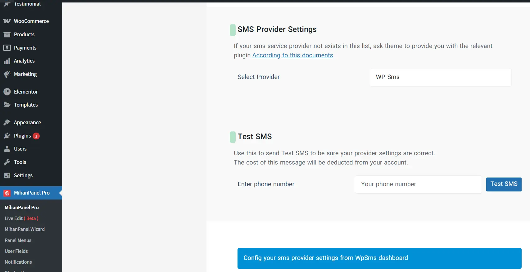 select provider in mihan panel setting