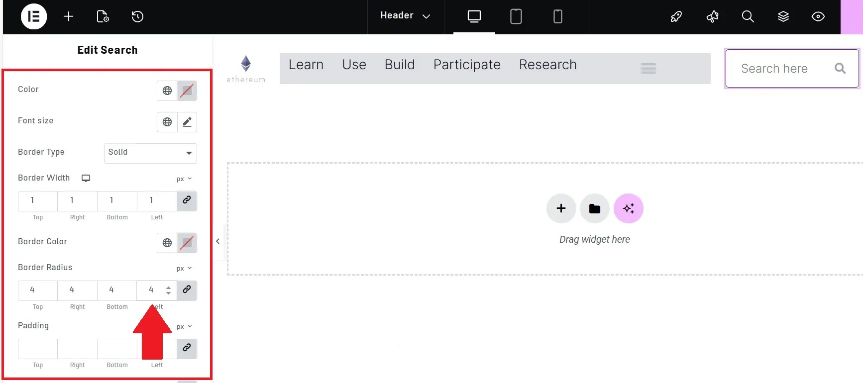Part 1: Designing the Ethereum Website Header with Elementor 17 Edit search field