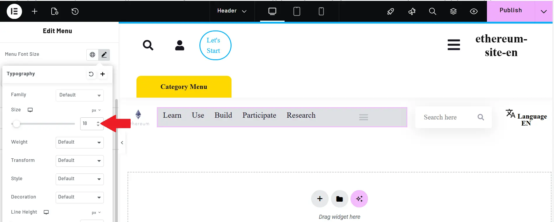 Part 1: Designing the Ethereum Website Header with Elementor 24 Adjusting the Font Size