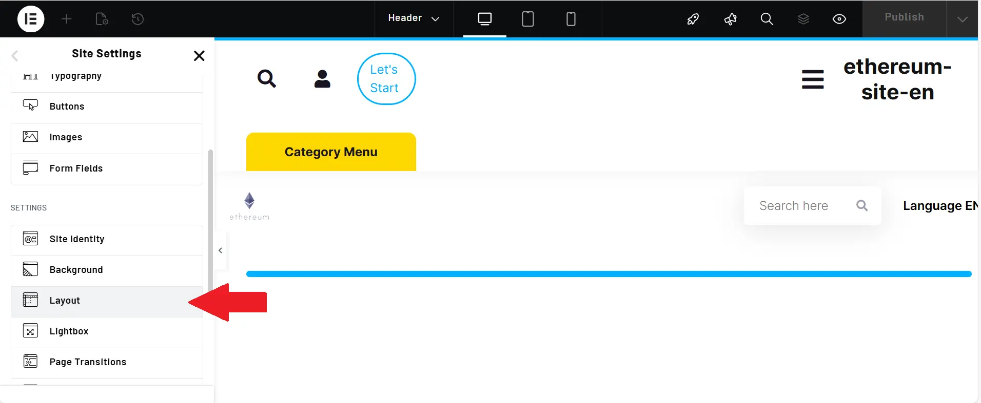 Part 1: Designing the Ethereum Website Header with Elementor 27 Layout section