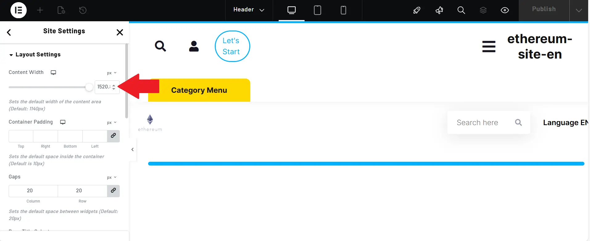 Part 1: Designing the Ethereum Website Header with Elementor 28 Site Width.