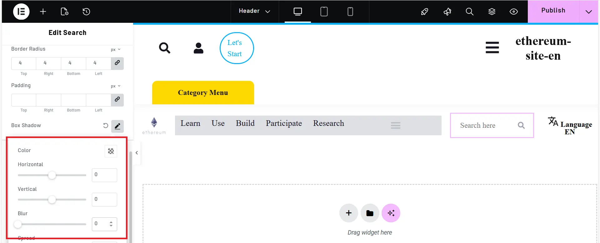 Part 1: Designing the Ethereum Website Header with Elementor 29 Style settings