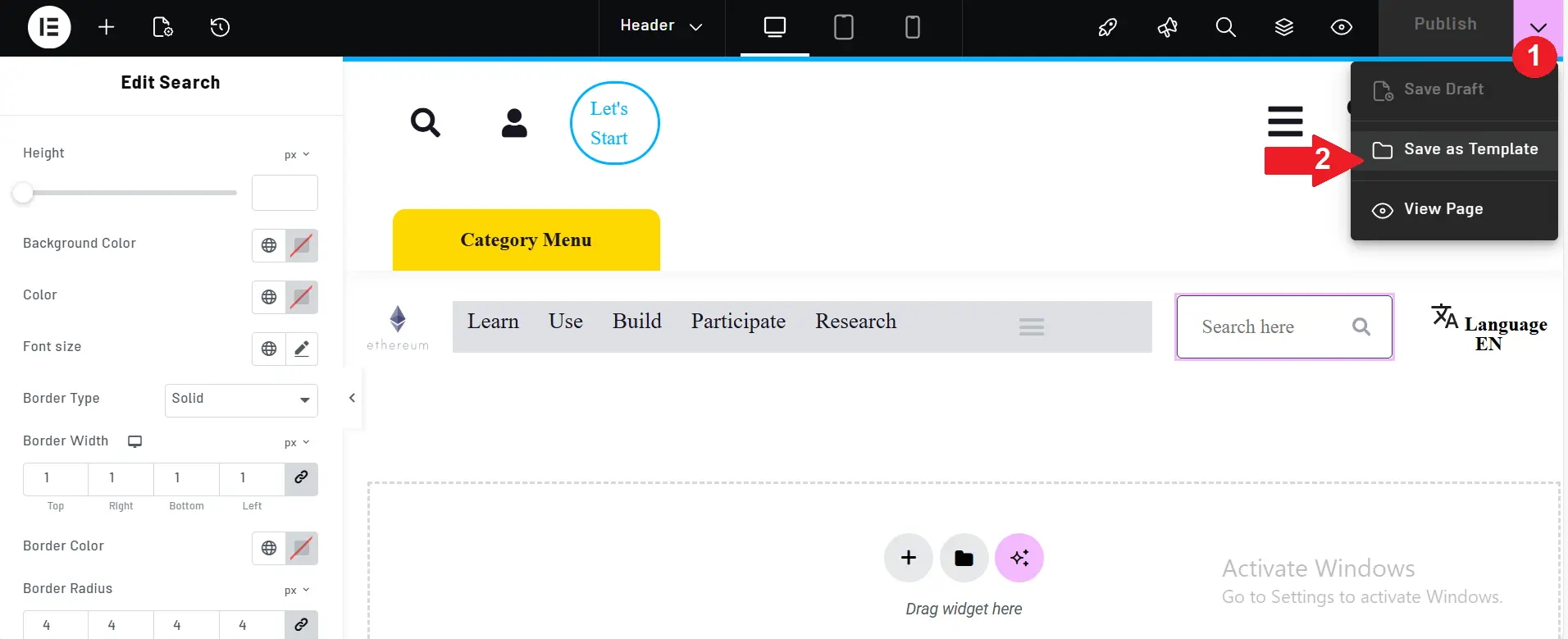 Part 1: Designing the Ethereum Website Header with Elementor 31 Save as template