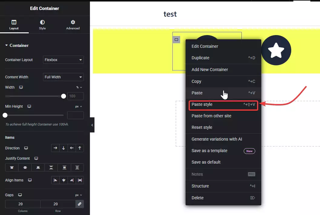 Paste Style in elementor