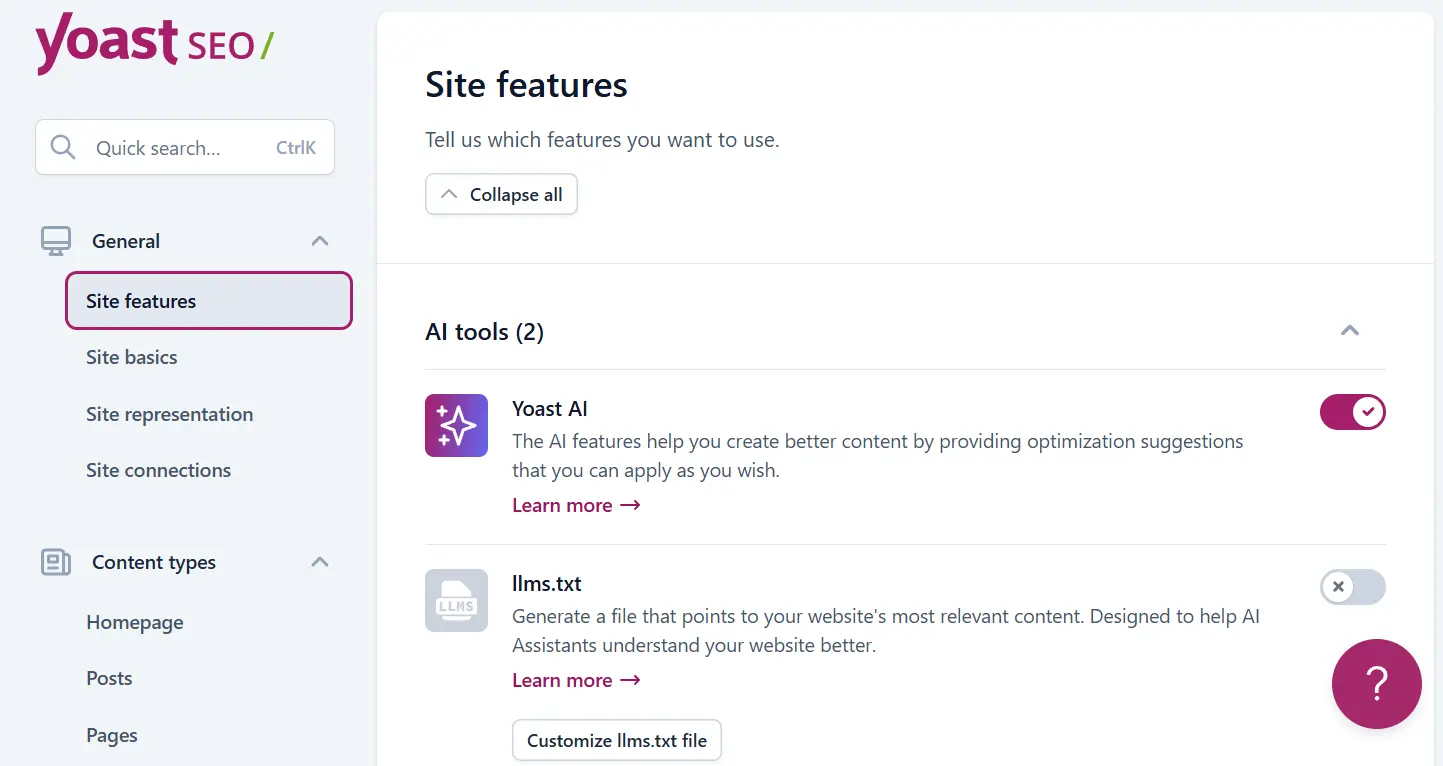 Yoast SEO Features Settings