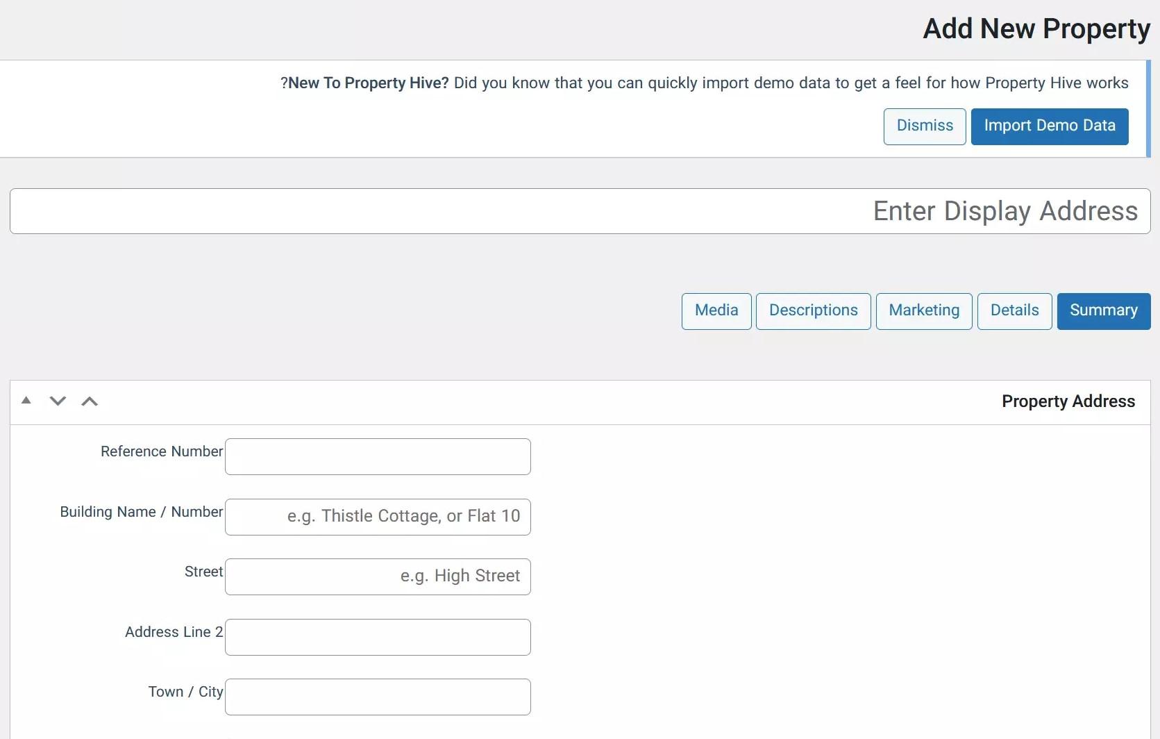 Adding a new address in the Property Hive plugin