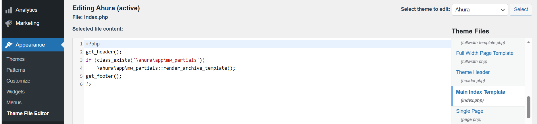 Theme File Editor in the Dashboard