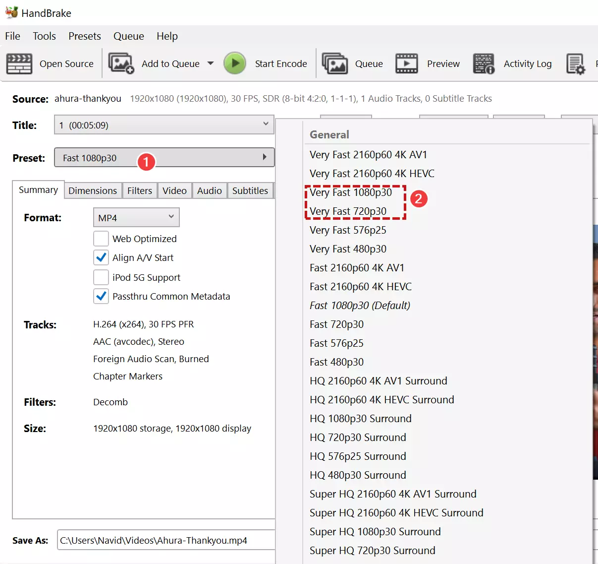 Presets section in Handbrake