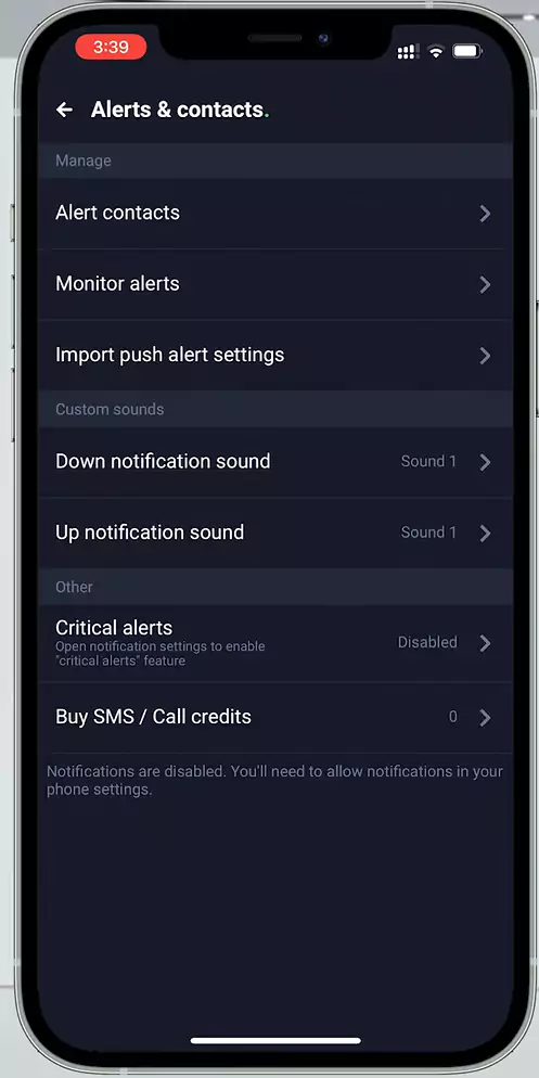 Uptime Robot application alerts section